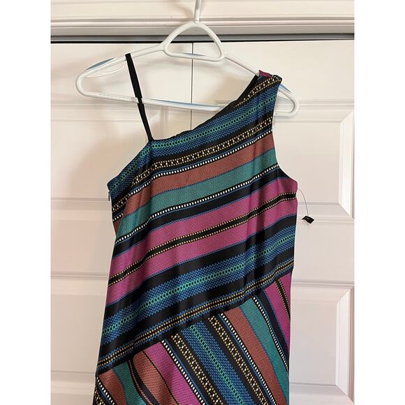 Maggy London One-Shoulder Midi Dress Sz 4 – Striped Colorful Cocktail Dress NWOT - Picture 3 of 10